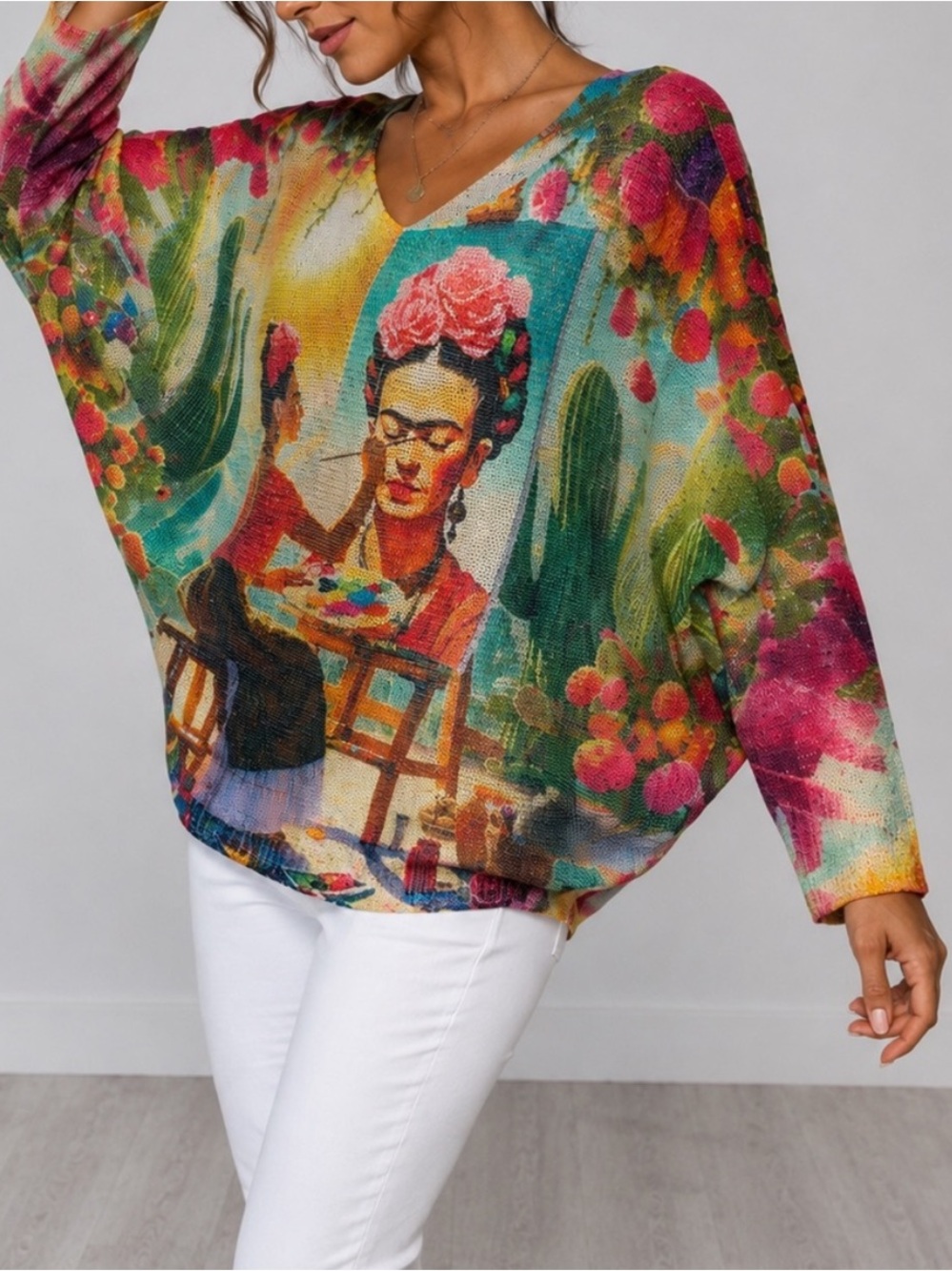 Made in Italy Frida Kahlo Art Knit
Lurex Sweater Top Boho One Size.